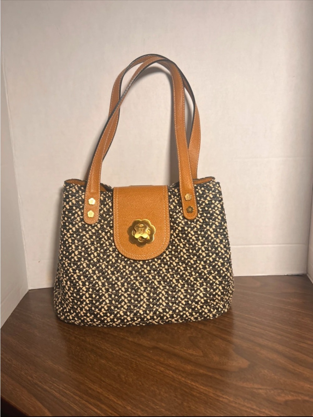 Eric Javits -New York Black & Tan Hand Bag with Tan Leather Trim